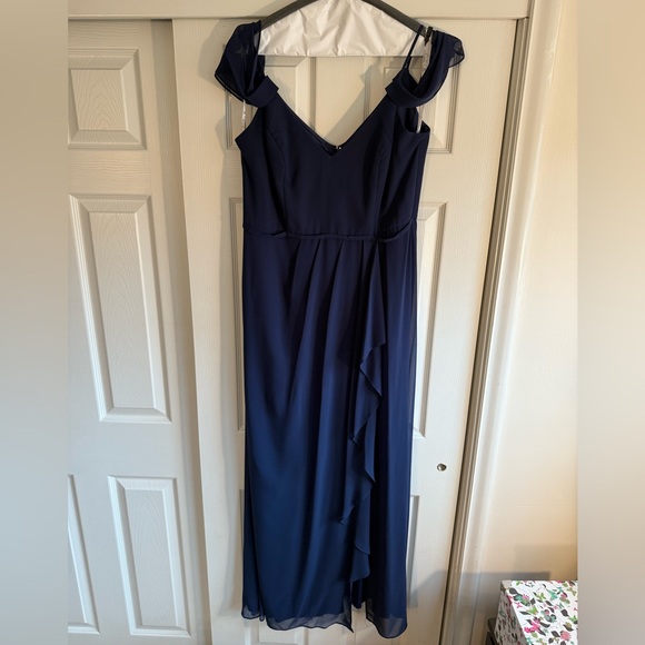 David's Bridal Cascading Off-the-Shoulder Cocktail/Wedding Dress in MARINE BLUE! - Picture 2 of 13